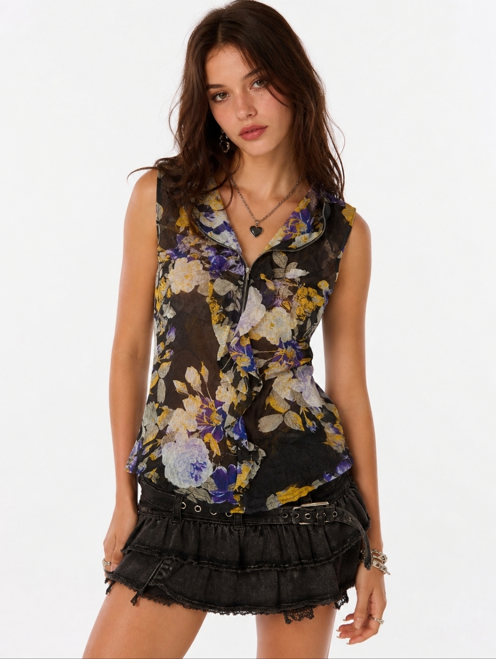 Vintage Y2K Sheer Floral Mesh Sleeveless Ruffle Blouse Fairy Grunge Whimsigoth S